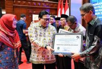 Asisten III Pemkab Aceh Besar, Jamaluddin, S.Sos, MM menerima Piagam Penghargaan dan Sertifikat Penilaian Kepatuhan Penyelenggaraan Pelayanan Publik dari Ombudsman RI di Ajong Mon Mata, Banda Aceh, Kamis, 25 Januari 2024.(Foto : MC Aceh Besar)