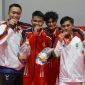 Para peraih medali Cabang Olahraga (Cabor) Anggar kategori sabel perorangan putra pada Pekan Olahraga Nasional (PON) XXI Aceh-Sumut, Rabu (11/9/2024) di GOR Anggar, Komplek Stadion Harapan Bangsa Kota Banda Aceh. (Foto : MO PON XXI Aceh/Alwi.