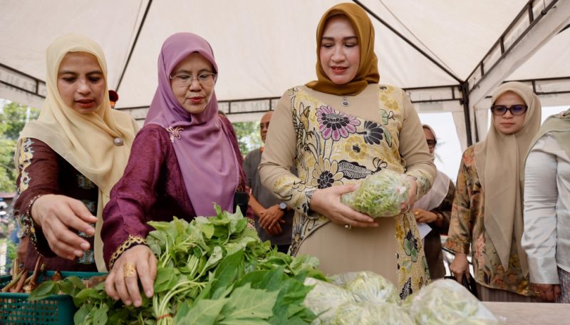 Ketua Tim Penggerak PKK Aceh, Ny. Marlina Muzakir, melakukan peninjauan harga kebutuhan bahan pokok sekaligus berbelanja jelang Idul Fitri, di Pasar Tani exspo Bank Aceh Lampineung, Banda Aceh, Kamis (27/3/2025).