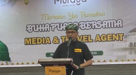 General Manager Muraya Hotel Aceh, Bambang Pramusinto saat memberi sambutan pada acara buka puasa bersama dengan pihak media dan travel agent, Selasa (3/3/2026). Foto : Portalnusa.com